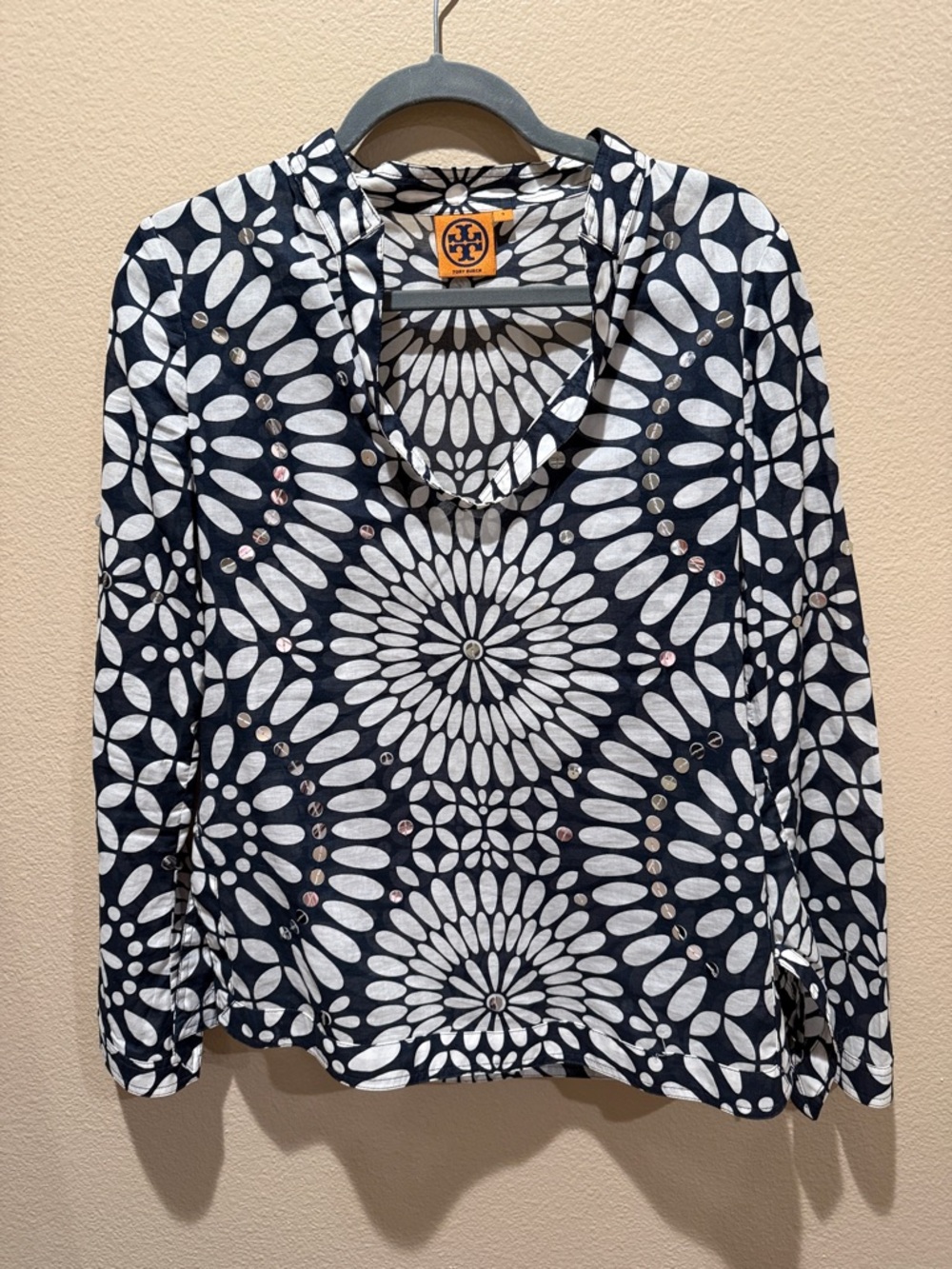 TORY BURCH Navy Tuscan "Stephanie" Sequin Tunic - Size 4- Boho Resort